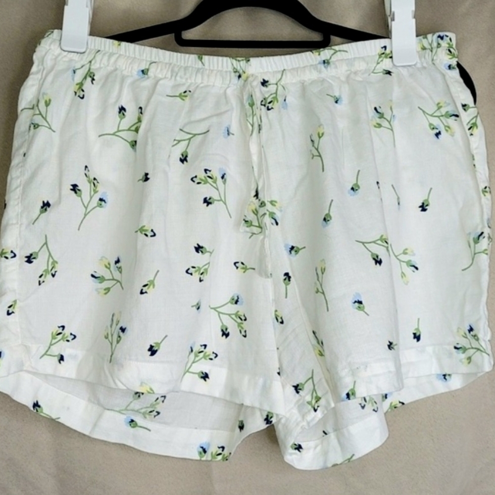 Anthropologie Piyama Shorts, Size XL, White‎ Floral Print, Cotton, Elastic Waist